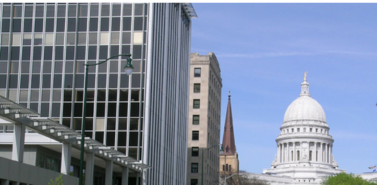 Subject: Network 222 Building and Wisconsin Capitol; Location: Madison, WI; Date: 2005; Photographer: Carrie Scherpelz